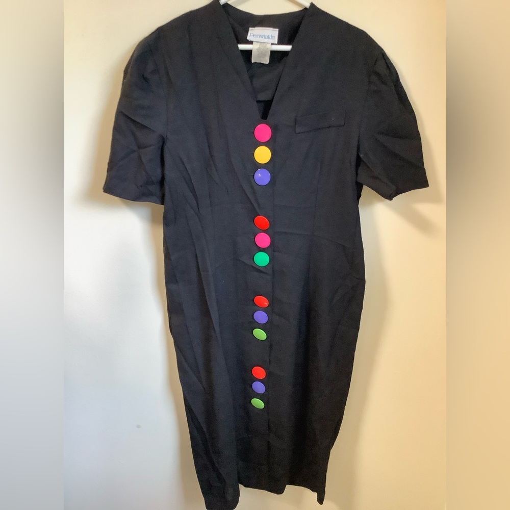Colorful Button Black Dress